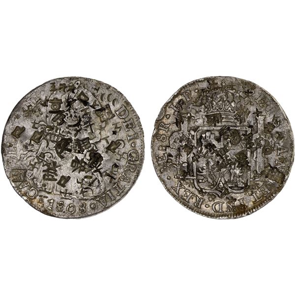 CHINA: Chopmarked Coins: Peru: Carlos IV, 1788-1808, AR 8 reales, Lima, 1808 LIMAE, Choice VF