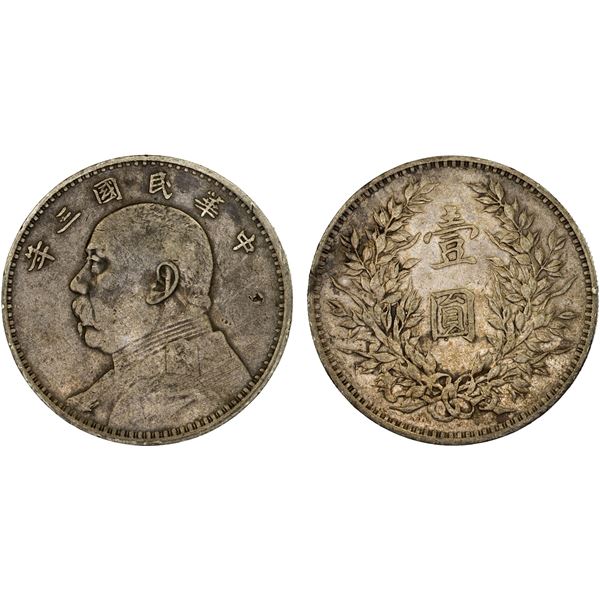 CHINA: Republic, AR dollar, year 3 (1914), VF
