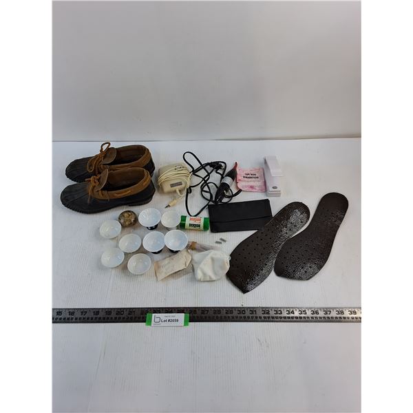 Assorted Lot (Size 5 Women's Shoes, Saki Cups, Tape Demagnetizer, Insoles, Misc.)