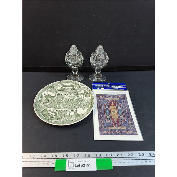 Glass Pinwheel Salt & Pepper Shakers, Minnesota Decor Plate & Turkish Woven Miniature Carpet