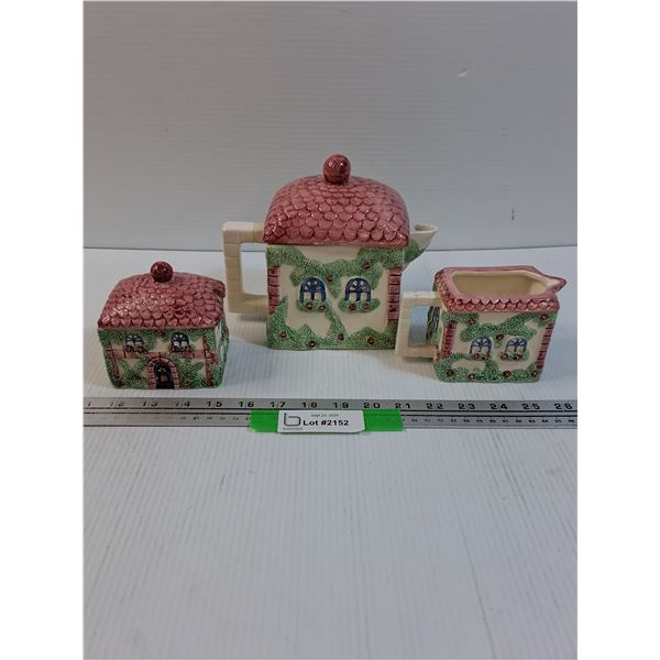 Cottage Tea Set: Tea Pot, Sugar & Creamer - Made in China