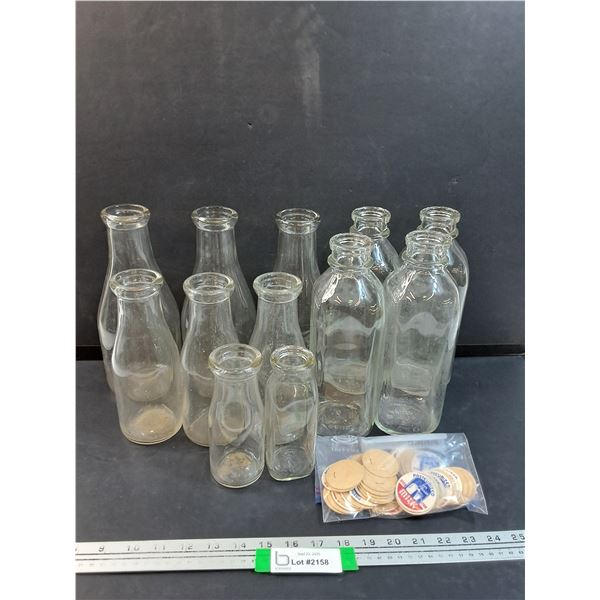 (12) Vintage Milk Glass Bottles - Assorted Sizes & Cardboard Milk Stopper Caps