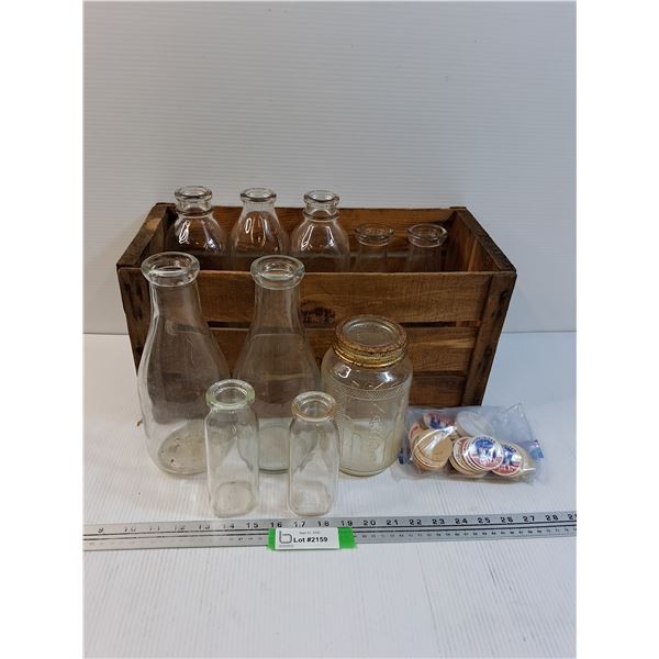 (9) Vintage Milk Glass Bottles - Assorted, Nabob Glass Jar, Wooden Crate, Carboard Milk Toppers