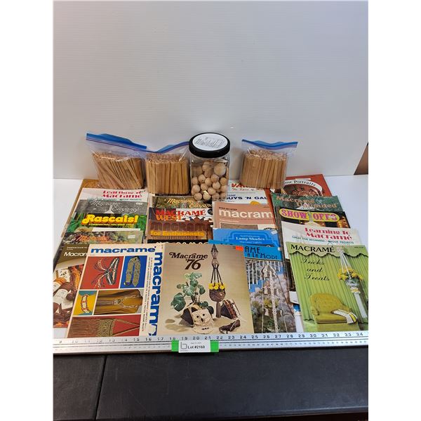 Vintage Macrame Magazines & (3) Bags of Popsicle Sticks, Wooden Craft Beads
