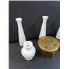 Image 2 : (5) Milk Glass Decanter & Vases, Brass Incense Holder