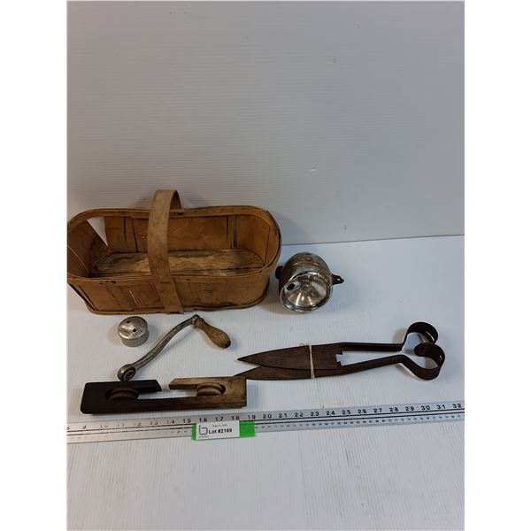 Basket w/ Wooden Clothes Line Tensioner, Crank, Headlight, Shears