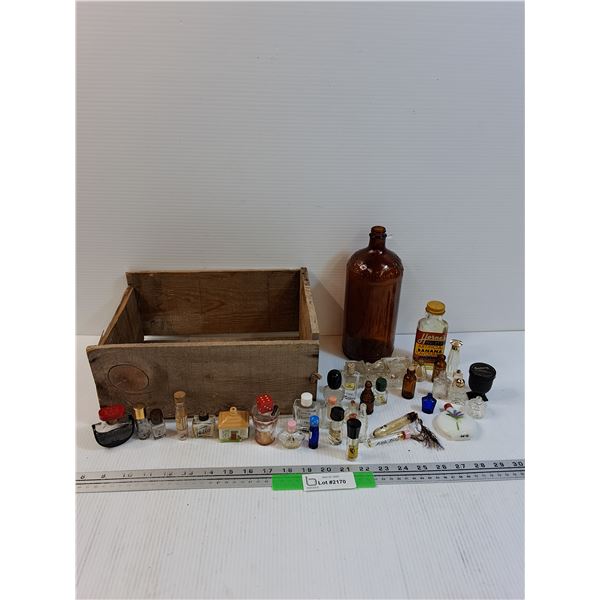 Wooden Crate w/Miniature Perfumes (Empty, Still Has Smell) Javex Brown Glass Jug