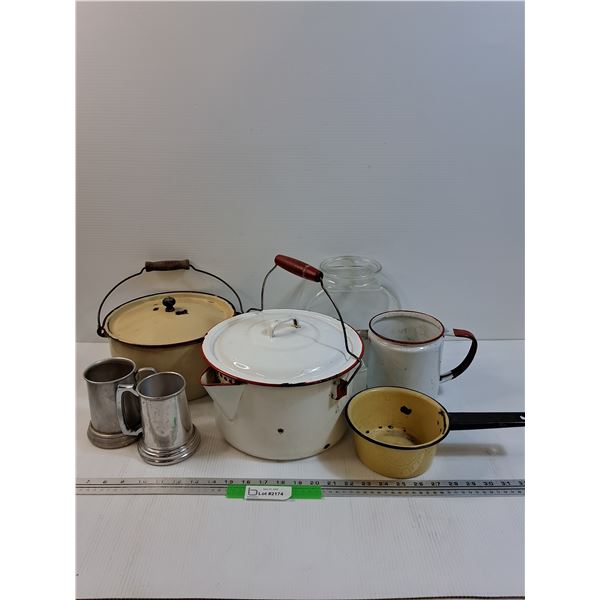 (4) Enamelware Pots - Assorted, (2) Beer Mugs, Glass Fish Bowl