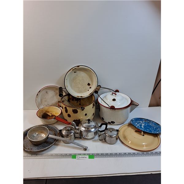 Enamel Ware Pots & Lids & Pie Plates, Stainless Steel Teapot w/Sugar & Creamer Set