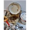 Image 4 : Enamel Ware Pots & Lids & Pie Plates, Stainless Steel Teapot w/Sugar & Creamer Set