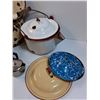 Image 5 : Enamel Ware Pots & Lids & Pie Plates, Stainless Steel Teapot w/Sugar & Creamer Set