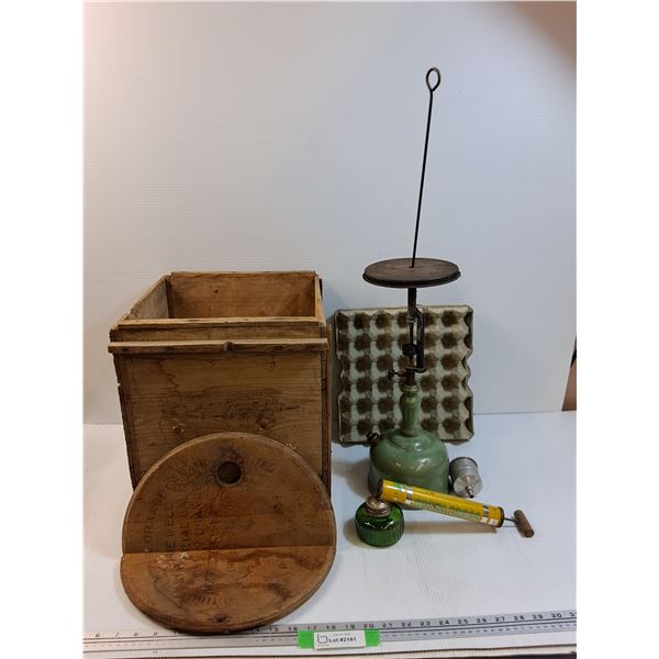 Coleman Oil Lantern Model 168K, Vintage Pesticid Sprayer, Wooden Barrel Lid (As Is), Egg Cartons, Wo