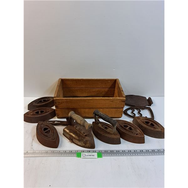 Wooden Crate w/(6) Sad Irons & Vintage Iron & Trivets - Heavy - PICK UP ONLY