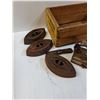 Image 2 : Wooden Crate w/(6) Sad Irons & Vintage Iron & Trivets - Heavy - PICK UP ONLY