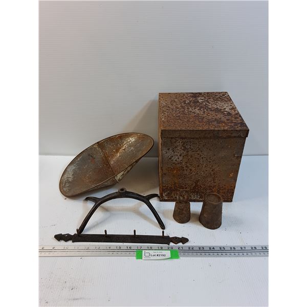 Vintage Metal Items: Weights, Box, Scale Dish, Key Holder, Misc
