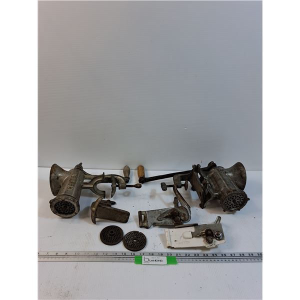 (2) Vintage Bench Mount Meat Grinders (Manual) & (2) Vintage Can Openers