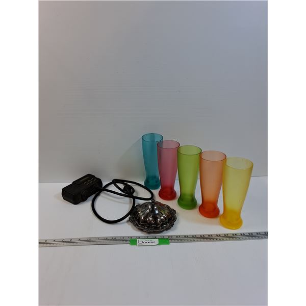 Sterling Silver Marlboro Lidded Dish, (5) Tall Plastic Beer Glasses & Noma Programable Plug, As Is