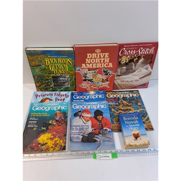 (9) Books: Canadian Geographic, Princess Fidgety Feet, Seaside Library, Cross-Stitch, Canada