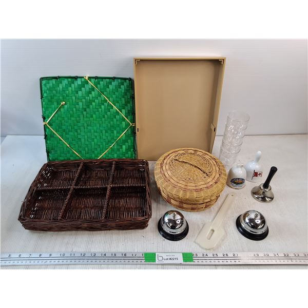 Plastic Goblets, Wicker Storage Box, Divided Tray, Various Bells