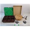 Image 1 : Plastic Goblets, Wicker Storage Box, Divided Tray, Various Bells
