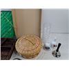 Image 5 : Plastic Goblets, Wicker Storage Box, Divided Tray, Various Bells
