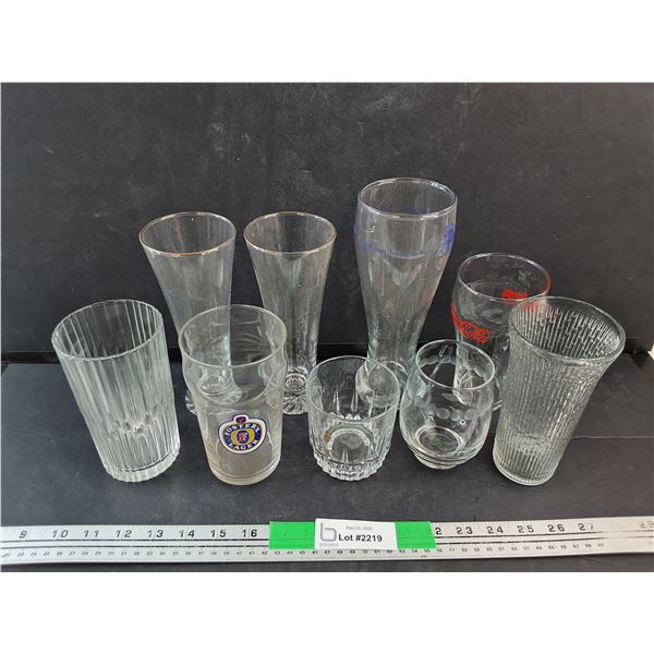 (9) Various Glasses - Beer, Whiskey, Coca Cola