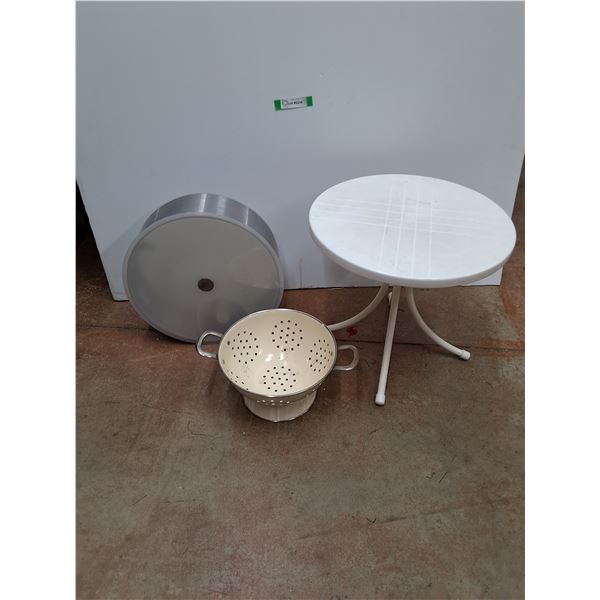 Miniature Table 16" x 18" x 18", Ikea Toilet Paper Holder, Enamel Footed Strainer - Cannot Ship