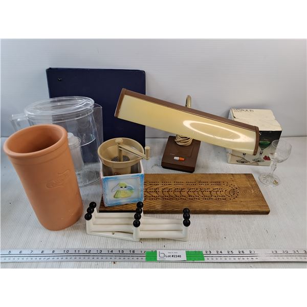 Wine Cooler, Vintage Desk Lamp, Water Filtering Jug, (4)Marquis Crystalline Goblets, Misc