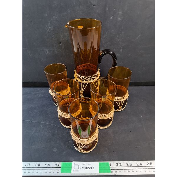 Amber Glass Pitcher & (6) Glasses