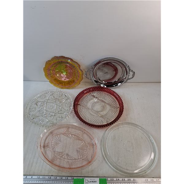 Various Glass & Metal Serving Trays - Depression Glass, Carnival Glass
