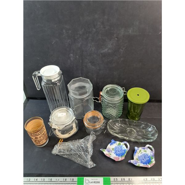 Water Pitcher, Various Jars, British Columbia Glass Cup, Misc