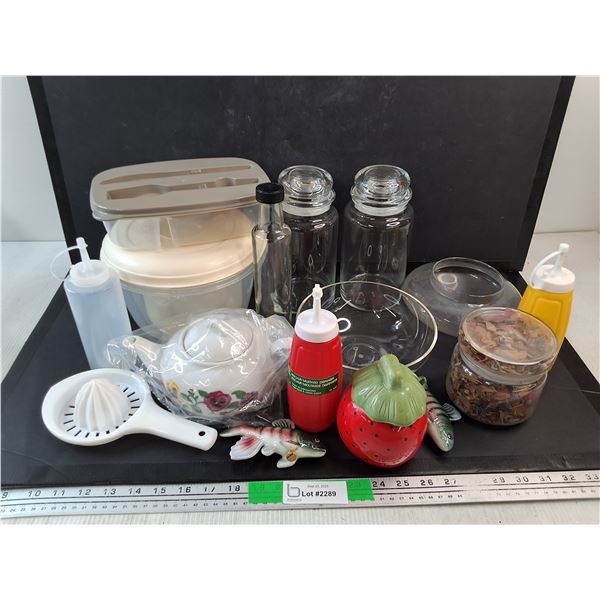 Tea Pot, Jars, Condiment Bottles, Juicer, Salt & Pepper Shakers, Plastic Bowl, Oil Bottle, Misc
