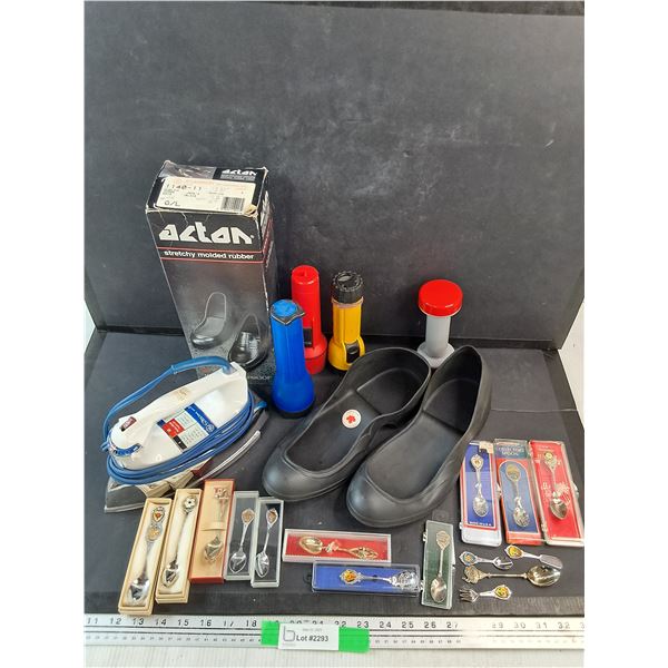 Stretchy Molded Rubber Overshoes, Collectors Spoons, Flashlights, Vintage Electric Iron