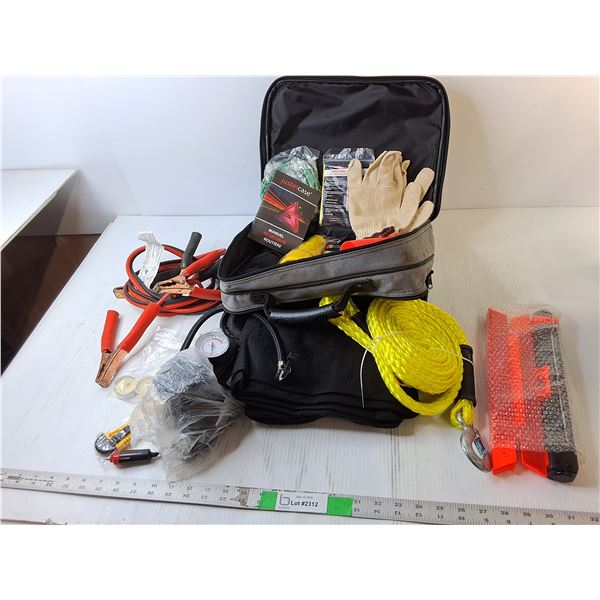 Justincase Emergency Car Kit- Tow Rope, Air Compressor, Jumper Cables, Misc.