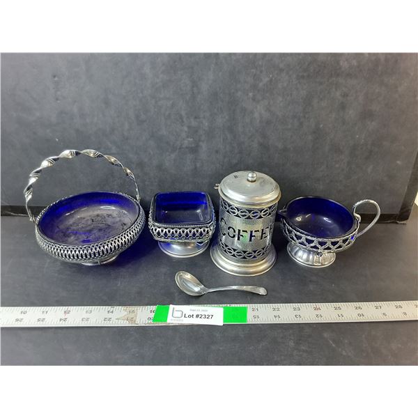 Cobalt Blue Glass & Silver Plated Dishes- Candy Dish, Creamer, Misc.