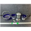 Image 1 : Cobalt Blue Glass & Silver Plated Dishes- Candy Dish, Creamer, Misc.