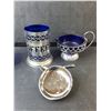 Image 3 : Cobalt Blue Glass & Silver Plated Dishes- Candy Dish, Creamer, Misc.