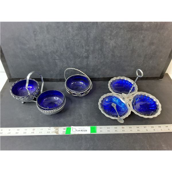 Cobalt Blue Glass & Silver Plated Dishes- Candy Dish, Trays