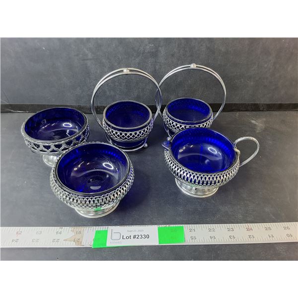 Cobalt Blue Glass & Silver Plated Dishes- Candy Dish, Creamer
