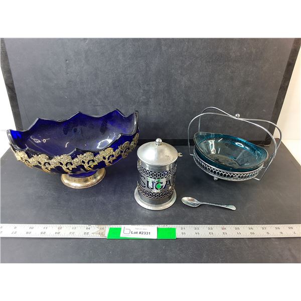 Blue Glass & Metal Plated Dishes- Sugar Container, Footed Candy Dish, Misc.