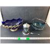 Image 1 : Blue Glass & Metal Plated Dishes- Sugar Container, Footed Candy Dish, Misc.
