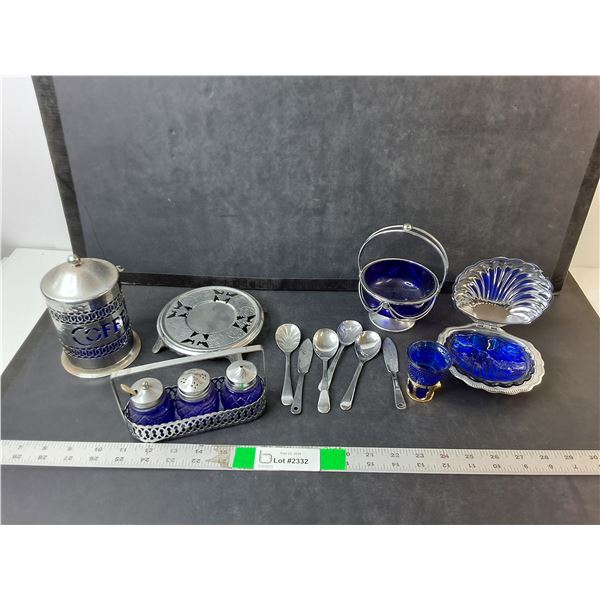 Cobalt Blue Glass & Silver Plated Dishes- Salt & Pepper Shakers, Coffee Container, Misc.