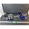 Image 1 : Cobalt Blue Glass & Silver Plated Dishes- Salt & Pepper Shakers, Coffee Container, Misc.