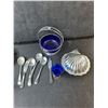 Image 2 : Cobalt Blue Glass & Silver Plated Dishes- Salt & Pepper Shakers, Coffee Container, Misc.