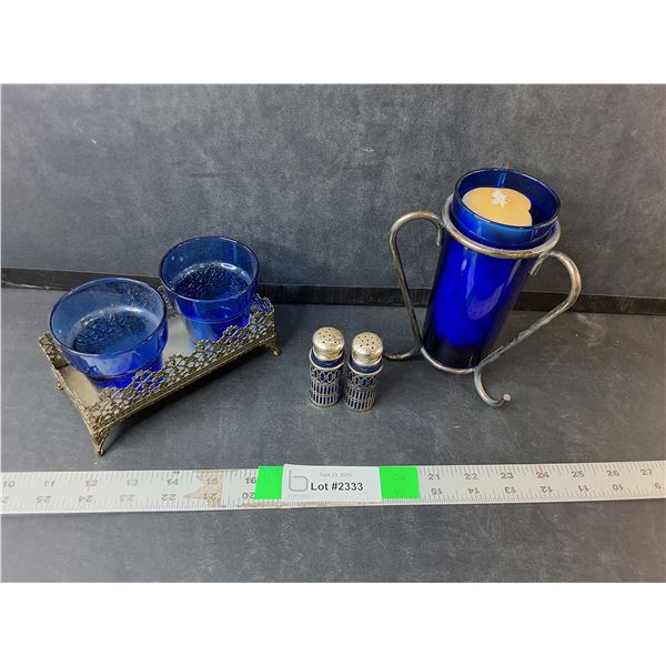 Cobalt Blue Glass & Metal Plated Dishes- Salt & Pepper Shakers, (3) Candleholders