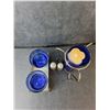 Image 2 : Cobalt Blue Glass & Metal Plated Dishes- Salt & Pepper Shakers, (3) Candleholders