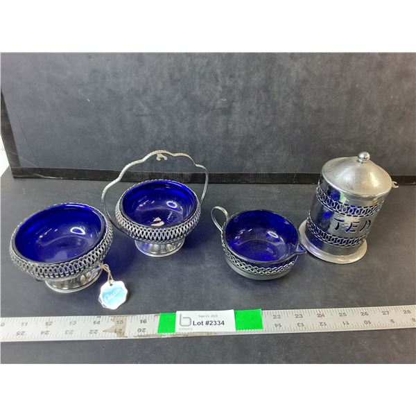 Cobalt Blue Glass & Silver Plated Dishes- Tea Container, Creamer, Misc.