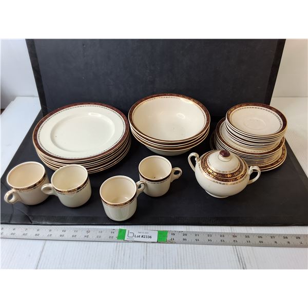 18K Gold Plated Dish Set- (26) Various Sized Plates, (4) Bowls, (4) Mugs, Sugar Bowl - PICK UP