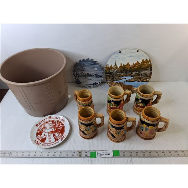 (6) Ceramic Beer Steins, (2) Painted Saw Blades, Smitty's Mother's Day Plate