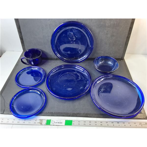 Cobalt Blue Glass Dish Set- (5) Plates, Mug, Bowl